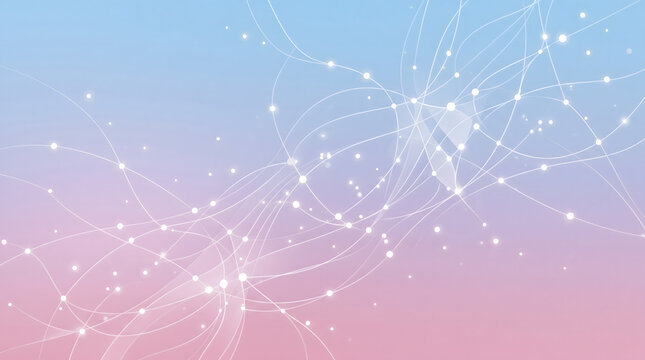 Glowing white lines and dots on a pastel gradient background with blue purple and pink hues conveying connection and technology