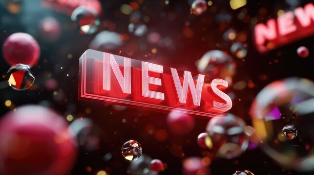NEWS Headline Glow: A glowing red neon sign with the word NEWS illuminates the screen, surrounded by abstract, bokeh-like spheres in a dynamic and modern visual display.