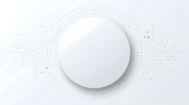 Modern technology background with a large white circle and circuit board design elements on a light gray background for futuristic and innovative concepts