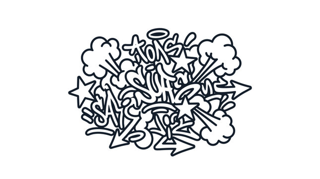 Dynamic graffiti splash art with stars and arrow elements.