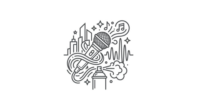 Hip hop culture doodle with microphone and city.