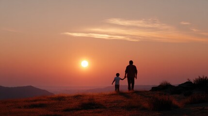 Fototapeta premium Father and Son Journey at Sunset: A heartwarming silhouette of a father and son holding hands as they walk on a hill, overlooking a breathtaking sunset.