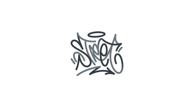 Small graffiti tag with halo and arrow accent.