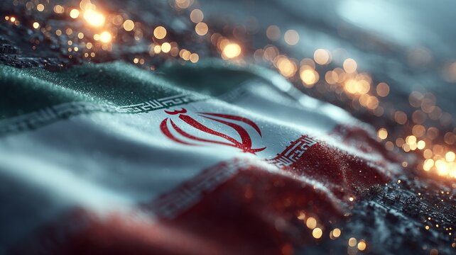 Turbulent skies: the flag standing firm in a war zone. Futuristic system. Fierce battlegrounds: iranian flag with expansive explosions and dense smoke. Machine learning. Information flow.