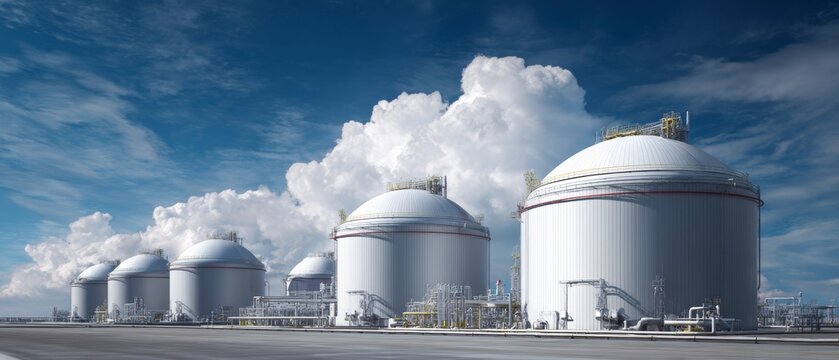 Vast horizons: discovering the world of modern lng storage. Bright colors. Exploring the vividness of lng storage tanks in a modern setting. Advertising photo. Print ready.