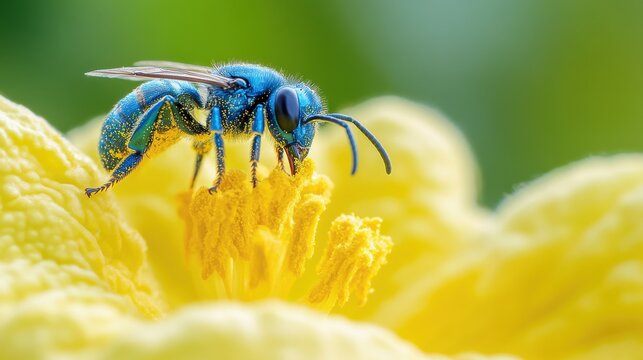 Metallic Blue Bee on Yellow Flower in CloseUp