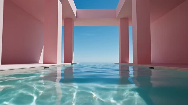 Architectural pastel pink corridor framing a bright blue sky over tranquil pool reflections