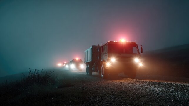 Convoy in the Fog: A line of military trucks moves forward on a desolate road shrouded in thick fog, their headlights and red warning lights cutting through the gloom.