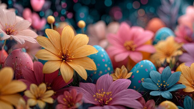 Nature's palette: a colorful tribute to spring's joyful spirit. Ai dataflow. A creative layout of colorful florals and easter eggs against minimal nature. Intelligent network.