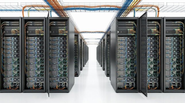 Server Room with Rows of Powerful Computing Racks and Intricate Wiring for Modern Data Processing
