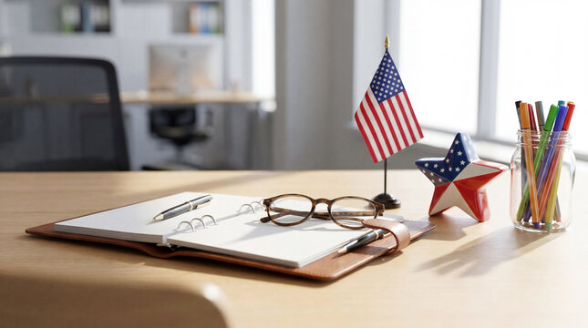 Juneteenth office desk organized notebook glasses patriotic decoration celebration for freedom day holiday corporate workplace professional neat design