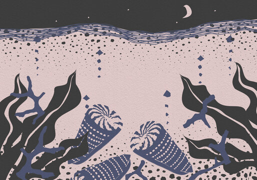 Woodcut style banner illustration of cone shells in the sea, pink and navy color palette, decorative vector background