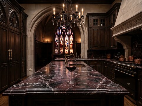 The interior design of a dark luxury kitchen features a large marble island.