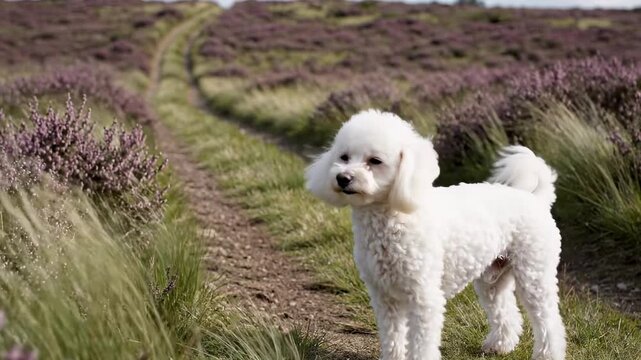 White mini poodle standing on lavender field path, fluffy coat and curled tail, purple rows stretching behind, calm sunny countryside pet portrait with elegant small dog charm and floral landscape