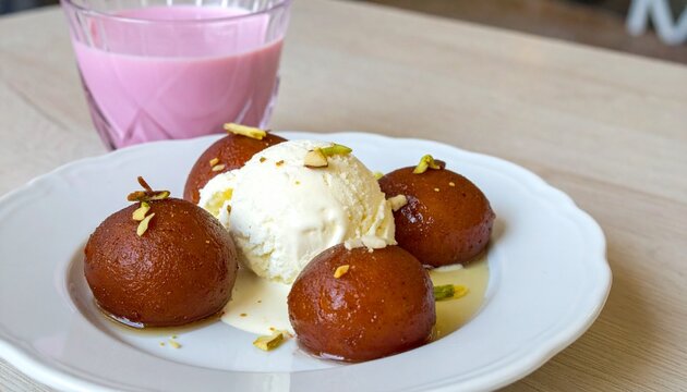 Traditional gulab jamun served cold with vanilla ice cream and a refreshing rose milk drink, elegant dessert photography
