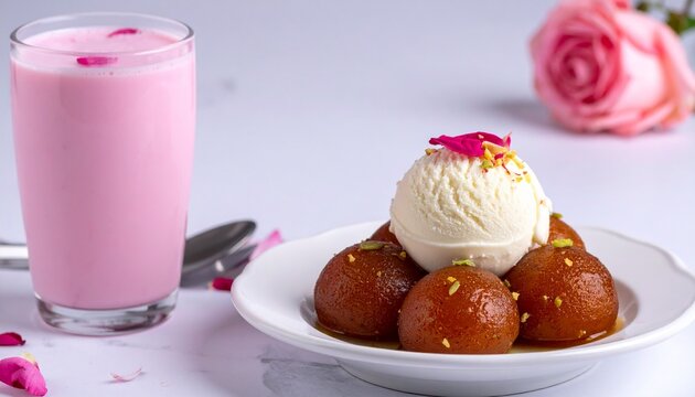 Traditional gulab jamun served cold with vanilla ice cream and a refreshing rose milk drink, elegant dessert photography
