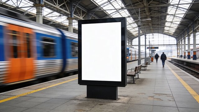 A train speeds past a blank advertising billboard at a busy train station platform.