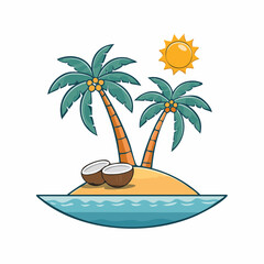 Fototapeta premium Cartoon Tropical Island with Palm Trees and Coconuts