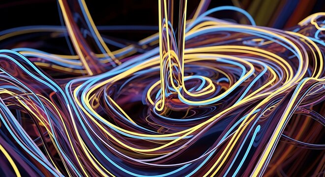Neon light trails swirling abstract motion.