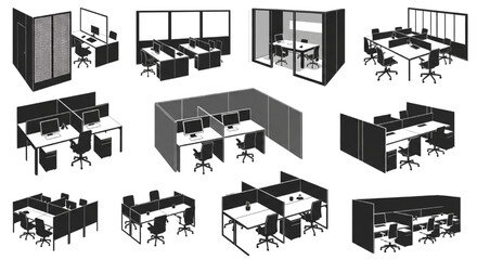 Obraz premium Modular Office Cubicle Vector Collection Flexible Workstation Systems for Modern Workplace Design