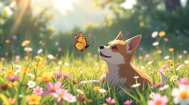 Anime style corgi puppy in flower meadow, cute dog watching butterfly in sunny spring garden, whimsical pet illustration in nature Japanese anime styles Art