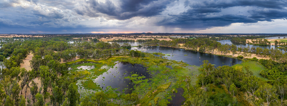 Aerial panorama view of dramatic clouds over waterholes in a green wetland area