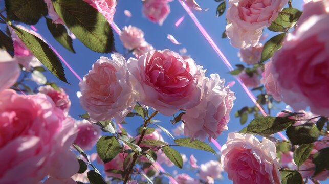 Petals and paradise: roses against a perfect blue backdrop. Intelligent grid. Whispering petals: the springtime harmony of roses under a boundless blue. Digital network. Smart grid.