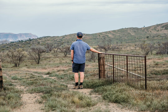 Man leans on rustic farm gate looking towards the Flinders Ranges.