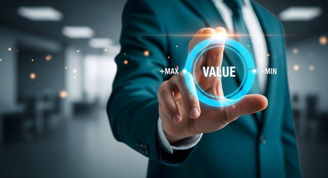 Business professional touching 'value' concept with digital interface