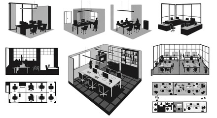 Naklejka premium Isometric Office Workspace Vector Collection Modern Corporate Interior Layout and Floor Plan Set