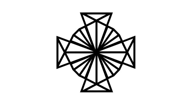 Black abstract geometric cross shape with radiating lines and triangles