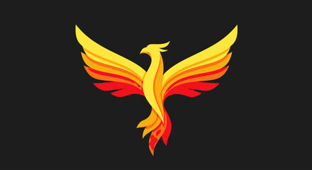 Fototapeta premium Stylized fiery phoenix with outstretched wings, set against a black background