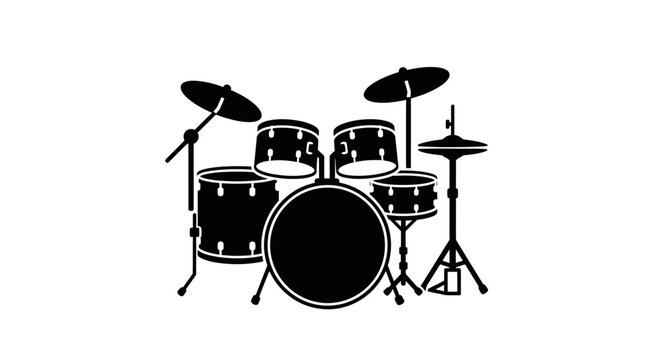 Drum kit silhouette provides a striking musical icon featuring a full percussion setup including cymbals and bass drums for use in creative music industry marketing.