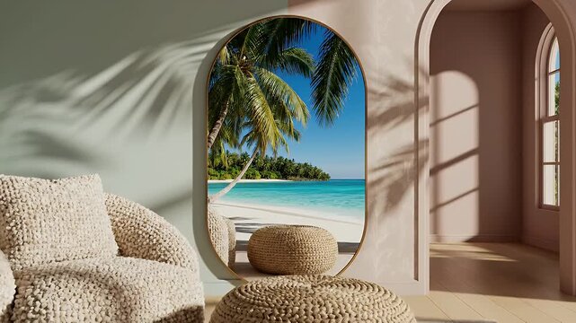 Bright Indoor Oasis with Soft Beiges and Archway Opening to Tropical Beach View