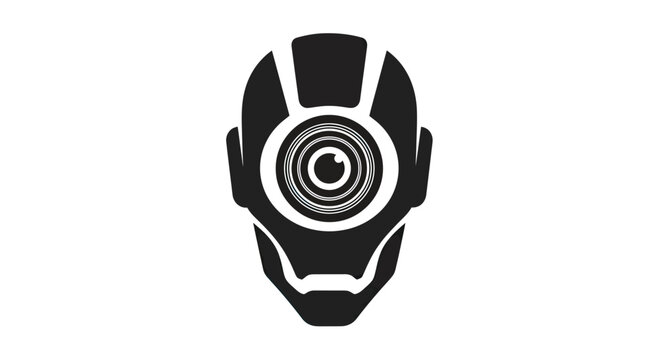 Minimalist black robotic head with a concentric circle eye on a white background