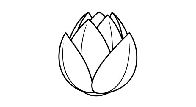 Minimalist line drawing of a stylized flower bud in black outline on white