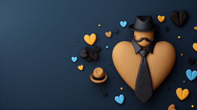 3D claymorphism Fathers Day promotional web banner featuring a heart with tie and hat against a dark blue background with elegant copy space.