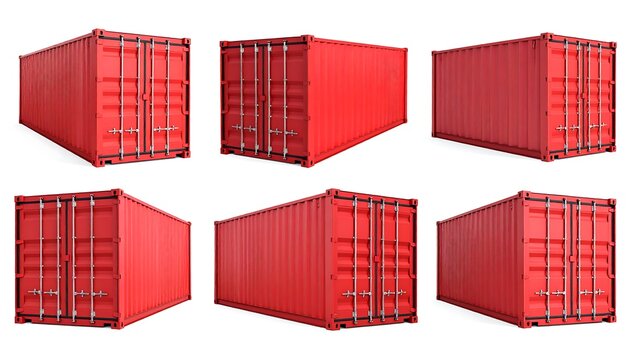 Six bright red metal shipping containers, each in a different perspective, showcasing their industrial design and standard dimensions