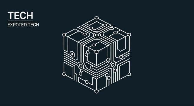 Abstract 3D cube composed of circuit board lines and nodes