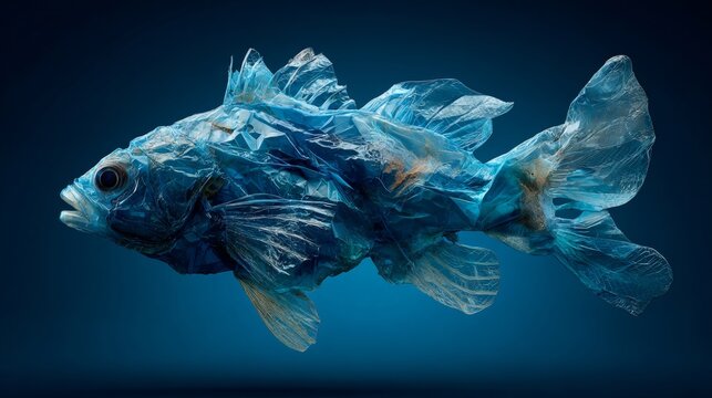 Plastic wasteland: a fish-shaped urgent warning from our oceans. Advertising photo. Detailed oceanic vision: fish fashioned from diverse plastics amid floating debris. Poster design.