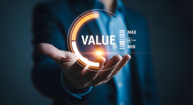 Hand holding value concept with circular graph and business analytics display