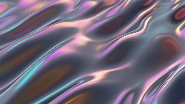 Luxury rainbow color liquid metal waves with reflective silver texture, flowing chrome surface futuristic premium background, cinematic lighting, elegant metallic motion, refined branding visual