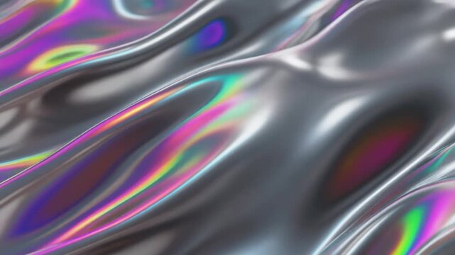 Luxury rainbow color liquid metal waves with reflective silver texture, flowing chrome surface futuristic premium background, cinematic lighting, elegant metallic motion, refined branding visual