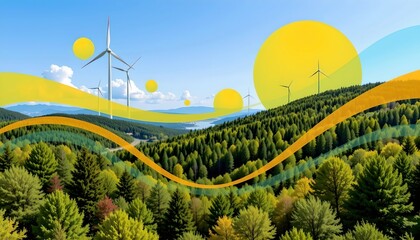 Fototapeta premium Vibrant Ecofriendly Forest Scene with Renewable Energy Elements