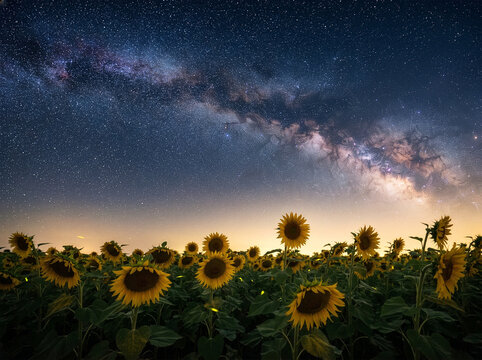 Sunflower ひまわり 253 Milky Way Arch and Fireflies Over Sunflower Field at Night（夜のひまわり畑に広がる天の川のアーチとホタル）