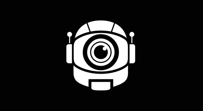 Simple white robot head with camera eye on black background
