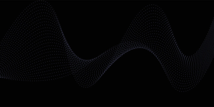 Neon sound wave on black background. Abstract flowing wavy dot lines design for ai concept, eq equalizer, audio record, voice assistant. Vector blue green purple gradient dashed curve stripe wallpaper