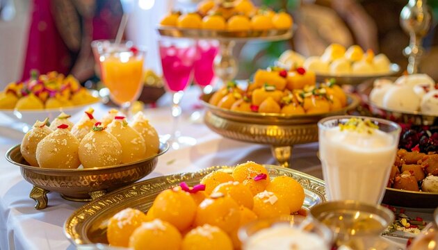 A festive Indian dessert table featuring rasmalai, kulfi, falooda, and various iced beverages, luxurious celebration setup