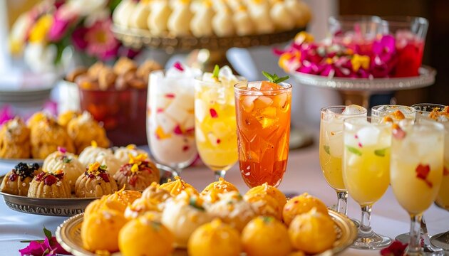 A festive Indian dessert table featuring rasmalai, kulfi, falooda, and various iced beverages, luxurious celebration setup
