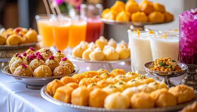 A festive Indian dessert table featuring rasmalai, kulfi, falooda, and various iced beverages, luxurious celebration setup